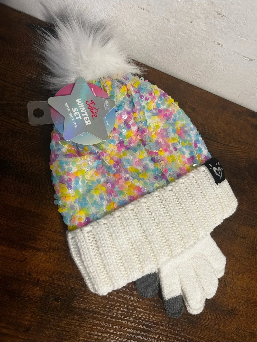Justice Girls Multi Sequin Beanie and Glove Set Ivory Multi Faux Fur Pom Pom